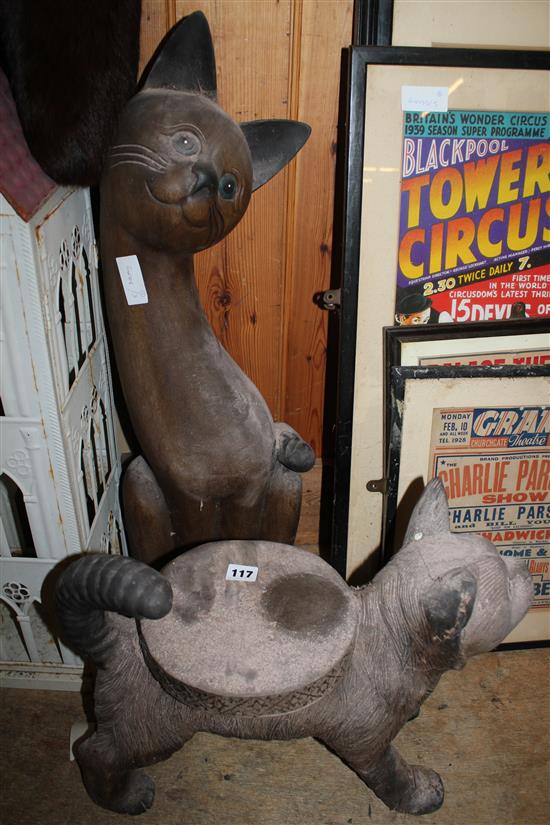 Tall carved wood cat & seated cat table